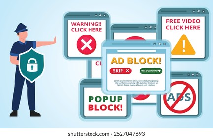 Desative a ilustração de banner de mensagem do navegador da Web de vetor de anúncios para seu blog ou site. Banner de vetor plano bloqueador de anúncios pop-up. Publicidade no tablet. Pare o spam. Ignorar anúncio.