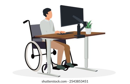 Desabilitar funcionário em cadeira de rodas com mesa ajustável e computador monitor ajustável no local de trabalho ajustado computador escrivaninha em cadeira de rodas trabalhador.conforto para usuários de cadeira de rodas no local de trabalho.