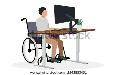 Disable employee in wheelchair with adjustable table and adjustable monitor computer at workplace adjusted computer desk in wheelchair worker.comfort for wheelchair users in the workplace.