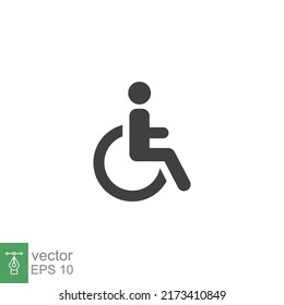 Desactivar, icono de glifo para discapacitados. Estilo sólido simple. Símbolo, silla, estacionamiento, rueda, acceso, persona, pictograma, reservado, concepto de transporte. Ilustración vectorial aislada en fondo blanco. EPS 10