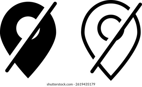 disable location icon set. Invalid location signs. Prohibited locations symbols
