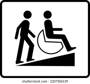 disable male on wheel chair and the normal one is helping him to climb over the slope