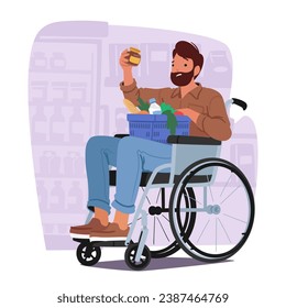 Disable Man In A Wheelchair Navigates Supermarket Aisles Independently, Male Character Displaying Resilience And Self-sufficiency While Shopping For His Daily Needs. Cartoon People Vector Illustration