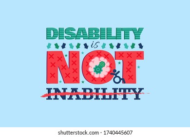 Disable People Rights Protection Concept Poster Design Flat Vector Illustration. Human Social Security and Equality Concept, Lettering Banner