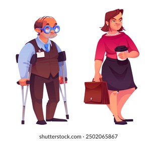 Persona discapacitada con ropa de negocios en el trabajo de oficina. Hombre y mujer empleado con handicap para la inclusión social y el concepto de Asistencia. Conjunto de Vector de dibujos animados de emprendedor corporativo discapacitado.