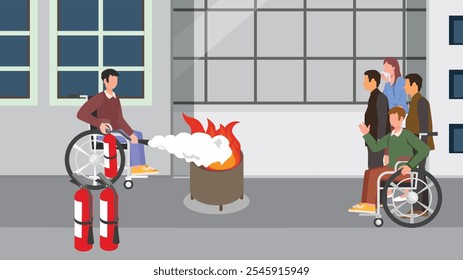 Disable person in fire drill for fire safety training at office virtual fire safety training to employees with disable employee fire drill safety training preparação para todos os funcionários. 