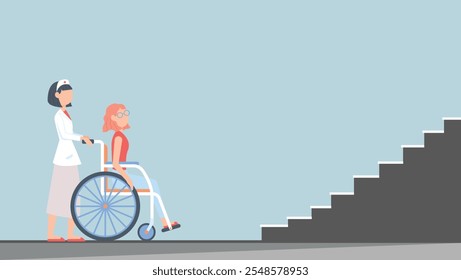 Disable person in wheel chair with injured leg for mobility problem of disabled people climb stairs for going up stairs with a nurse handling wheelchair support for disabled individuals.