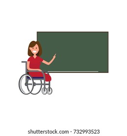 Disable smiling teacher on wheelchair next to blackboard in the classroom. Still able to work 