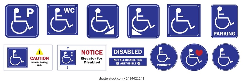 Disable Sticker Vector Set Blue and White Disable Symbol Illustration Handicap Wheelchair Icon