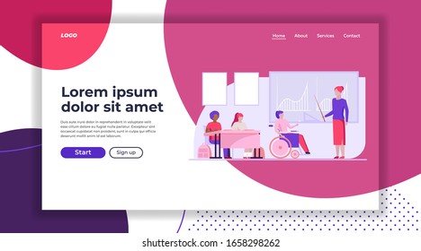 Disable student in class. Girl in wheelchair discussing graphs with teacher flat vector illustration. Education, diversity, school concept for banner, website design or landing web page