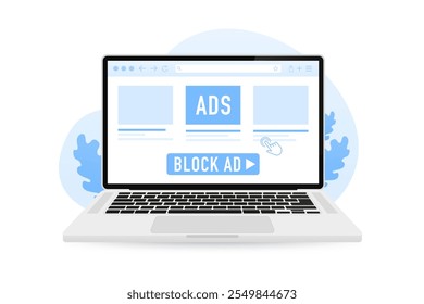 Deshabilite la pantalla del anuncio de Vector para su blog o Sitio web. Software de bloqueo de anuncios, eliminación de publicidad en línea. Omitir anuncios para dispositivos portátiles. Concepto de bloqueo de AD. Ilustración vectorial