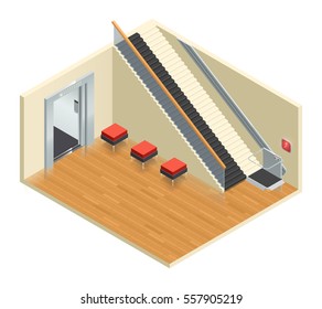 Disabled access elevator lift escalator isometric interior composition with staircase and wheelchair moving platform assistive technology vector illustration
