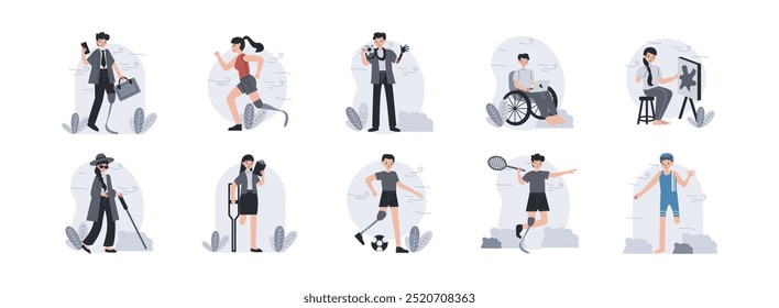 Disabled Activity Character flat illustration set. Include of disability, active, wheelchair, sport, and athlete. Vector illustration isolated transparent background