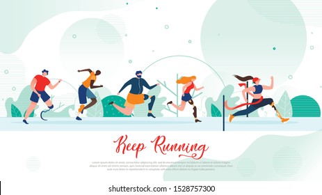 Disabled or Adaptive Sports Flat Vector Banner. Multinational Men and Women with Disability Reaching Finish During Competition in Running Illustration. Handicapped People Healthy and Active Lifestyle