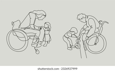 disabled adult with children line vector. Help, support and friendship with people especially. Little boy or girl helps person in a wheelchair