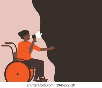 Disabled African American girl makes an announcement through a megaphone. Protest concept. Horizontal banner with place for text. Vector flat illustration.