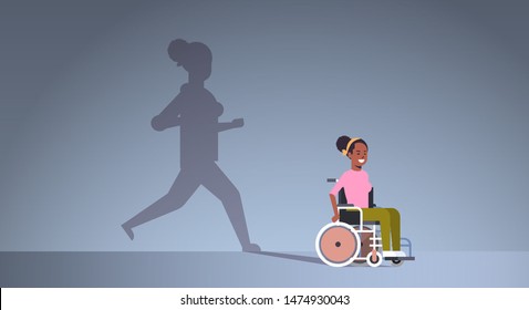 disabled african american girl on wheelchair dreaming about recovery shadow of healthy woman running imagination aspiration concept female cartoon character full length horizontal