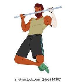 Disabled African American Man Exercising In Gym, Lifting On A Bar, Showcasing His Muscular Build And Prosthetic Limb He Uses. Vector Image Represents Perseverance, Fitness Diversity And Adaptive Sport