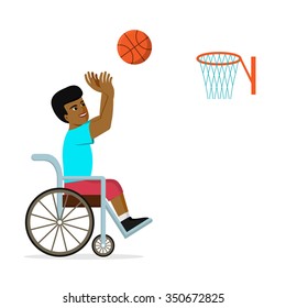 Disabled African American man in a wheelchair playing basketball. Flat vector illustration of handicapped player throwing a ball into basket. Concept for sport, summer paralympic games, recovery.