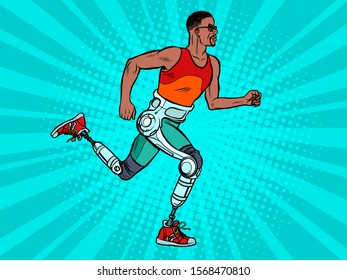 disabled african man running with legs prostheses. Pop art retro vector illustration vintage kitsch 60s 50s