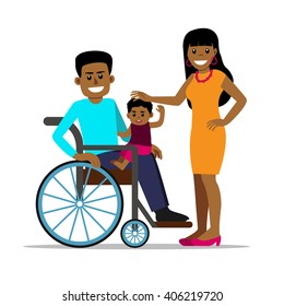 Disabled african man in wheelchair with his family. Happy father, mother and son. Cartoon vector characters in isolated background. Concept for lifestyle and opportunities for people with disability