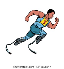 disabled African runner with leg prostheses running forward. sports competition. Pop art retro vector illustration vintage kitsch