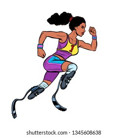 disabled African woman runner with leg prostheses running forward. sports competition. Pop art retro vector illustration vintage kitsch