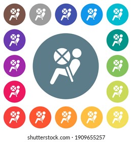 Iconos blancos planos del tablero de mandos de la bolsa de aire desactivados en los fondos de color redondo. Se incluyen 17 variaciones de color de fondo.