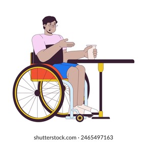 Disabled arab man at cafe table 2D linear cartoon character. Middle eastern male in wheelchair isolated line vector person white background. Accessibility support color flat spot illustration