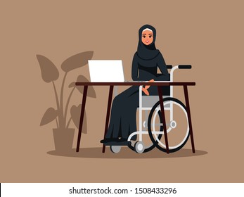 Disabled Arab young girl working in the office. Muslim business woman wearing hijab and black abaya sits in the wheelchair. Vector illustration in flat cartoon style. 