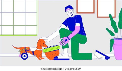 Disabled asian man feeding wheelchaired dog from hat cartoon flat illustration. Korean male with prosthetic arm pet owner 2D line character colorful background. Home scene vector storytelling image