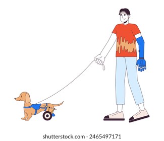 Disabled asian man walking wheelchaired dog 2D linear cartoon character. Pet owner with prosthetic arm isolated line vector person white background. Disability care color flat spot illustration