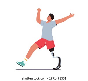 Entrenamiento de Carrera de Atleta Discapacitado, Deportista con Jogging de Prótesis de Piernas Biónicas, Recuperación Post Accidente, Ejercicios de Rehabilitación. Joven Amputado Corriendo Al Aire Libre. Ilustración del vector de dibujos animados