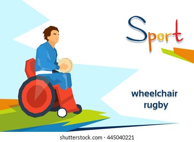 Disabled Athlete Play Rugby On Wheelchair Sport Competition Flat Vector Illustration