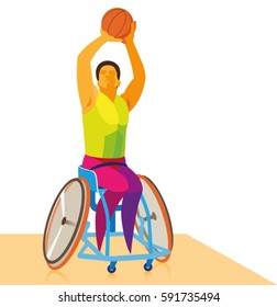 disabled athlete playing wheelchair basketball and attacks the opponent's ring