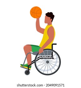 A disabled athlete plays basketball.
Young black man in a wheelchair. Vector illustration in a flat style.