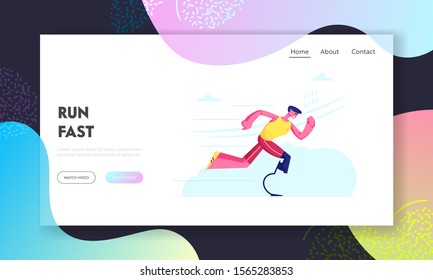 Disabled Athlete Run Training Website Landing Page. Sportsman with Bionic Leg Prosthesis Jogging Recovery Exercise. Young Amputee Man Running Outdoors Web Page Banner. Cartoon Flat Vector Illustration