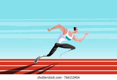 Disabled athlete runner on carbon prosthetics. A conceptual image dedicated to the power of the spirit and the Paralympic Games. Cartoon style.