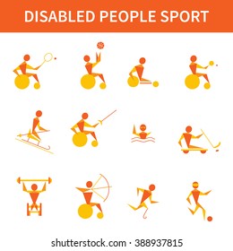 Atletas discapacitados. 12 iconos vectoriales. Tenis en silla de ruedas, vallas, tiro con arco, levantamiento de pesas, natación, ping-pong, ciclismo, hockey sobre hielo, esquí, corredor discapacitado, fútbol. Juegos paralímpicos.