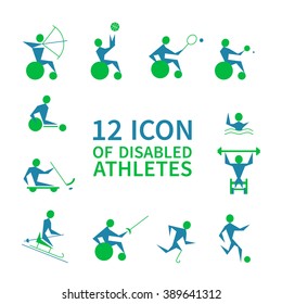 Disabled athletes. 12 vector icons. Wheelchair tennis, fencing, archery, powerlifting, swimming, table tennis, cycling, ice sledge hockey, skiing, handicapped runner, football. Paralympics games.