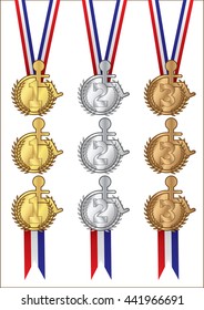 Disabled athletes medal vector set. Contains golden, silver and bronze medals in various variations
