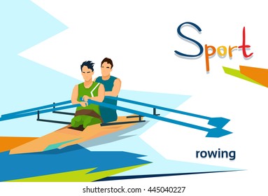 Disabled Athletes Rowing Sport Competition Flat Vector Illustration