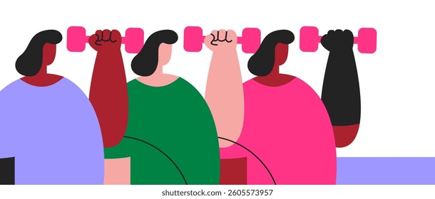 Disabled athletes women in gym workout. Flat vector illustration in cartoon style for sstkWellness.