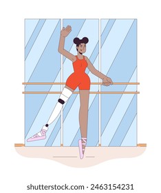 Disabled ballerina line cartoon flat illustration. African american woman with leg prosthesis dancing 2D lineart character isolated on white background. Disability dancer scene vector color image
