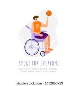 Disabled basketball player with ball in wheelchair on playground, young muscular man with physical disorder or impairment playing basketball, sport inclusion concept, flat cartoon people - vector