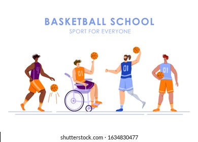 Disabled basketball players with ball, young muscular man in wheelchair, man with prosthetic leg, physical disorder or impairment basketball players, sport inclusion concept, flat people - vector