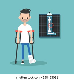 Disabled bearded man on crutches with broken leg / editable vector illustration, vector clip art