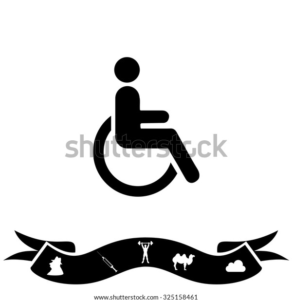 Disabled. Black flat icon and bonus
pictogram with ribbon. Vector illustration
symbol