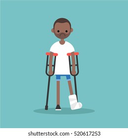 Disabled black man on crutches with broken leg / editable vector illustration, vector clip art