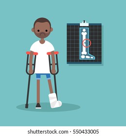 Disabled black man on crutches with broken leg / editable vector illustration, vector clip art